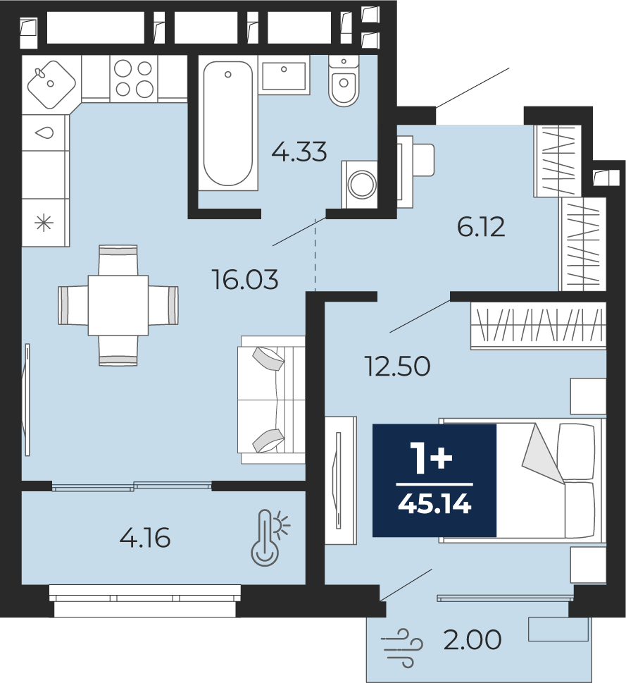 Планировка: Евродвушка 45.1 м² в ЖК Беринг, Лесобаза