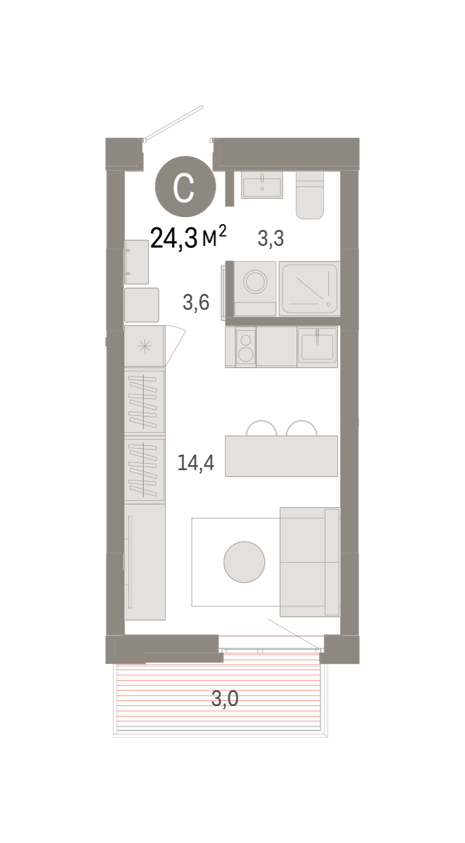 Планировка: Студия 24.3 м² в ЖК Республики 205, Центр: КПД