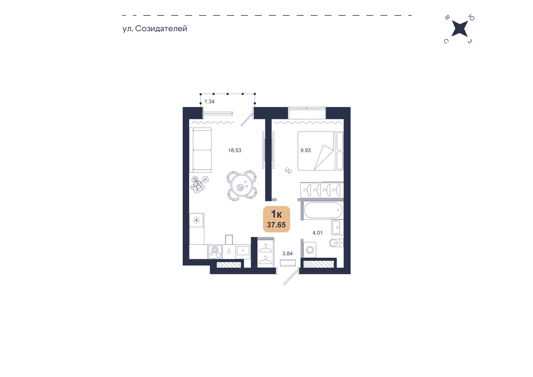 Планировка: Евродвушка 37.6 м² в ЖК Хито, От Слободы до Комарово парк
