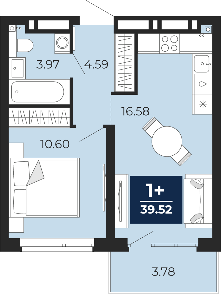 Планировка: Евродвушка 39.5 м² в ЖК Прео, Тюменская слобода