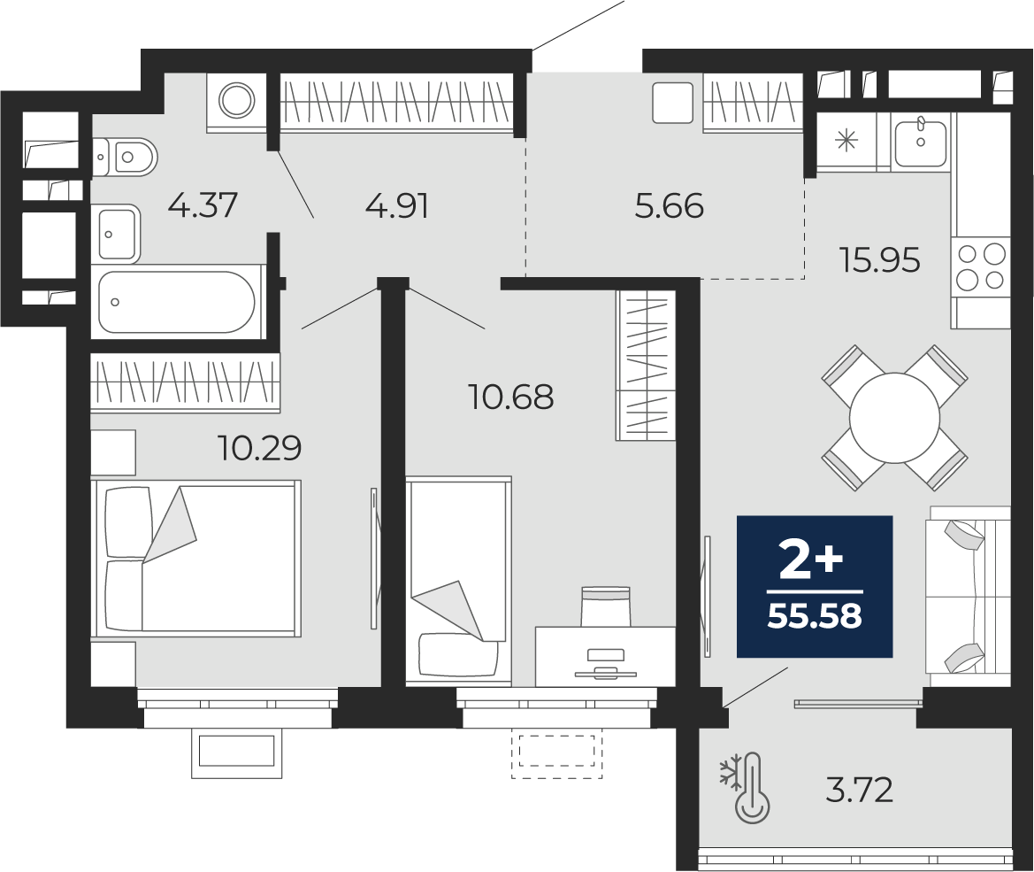Планировка: Евротрешка 55.6 м² в ЖК Беринг, Лесобаза