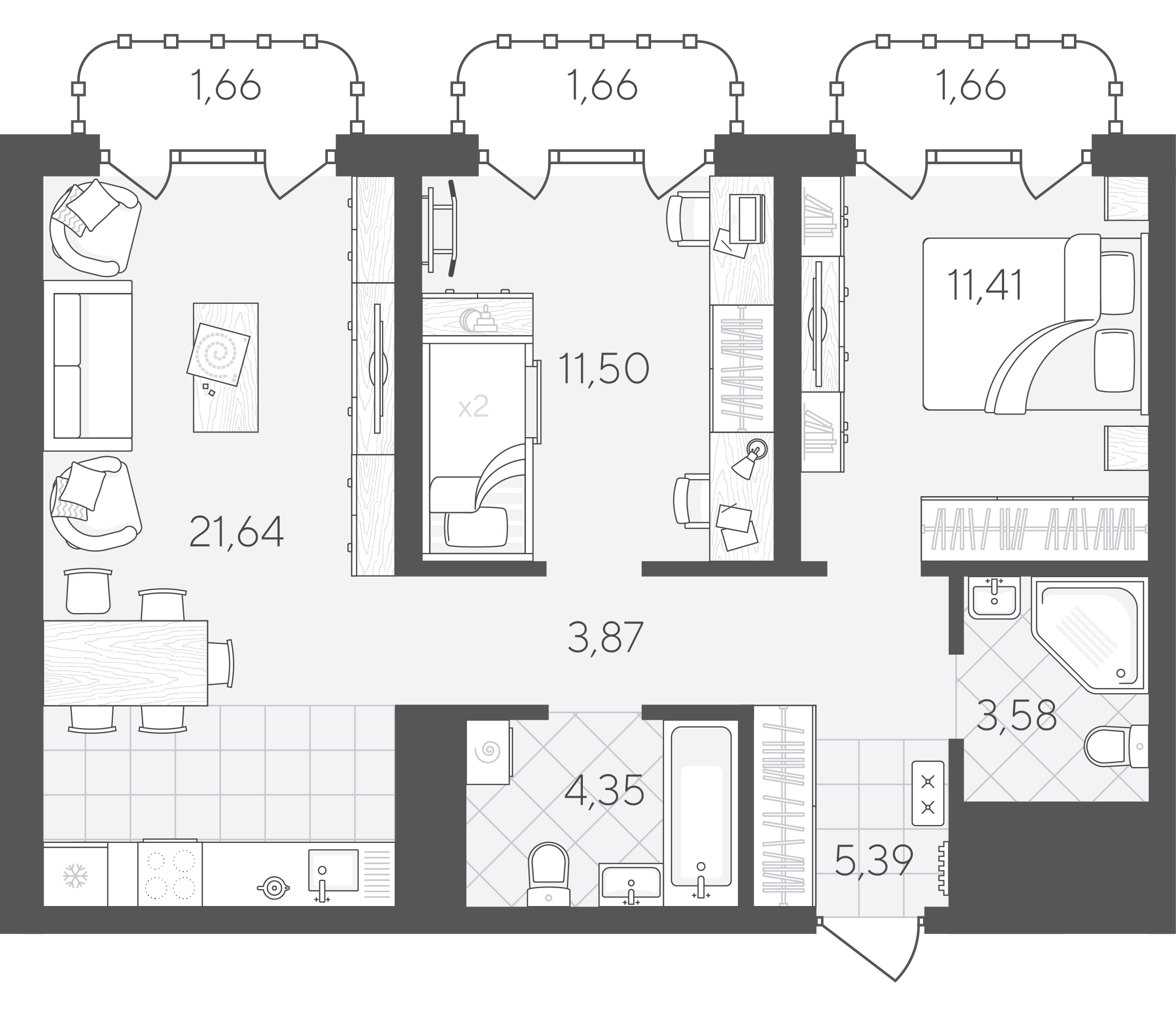 Планировка: Евротрешка 66.7 м² в ЖК Скандиа. Квартал в Слободе, Тюменская слобода
