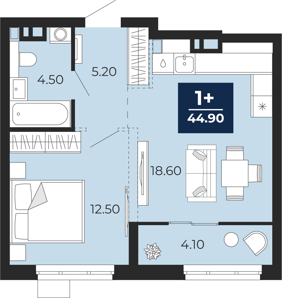 Планировка: Евродвушка 44.9 м² в ЖК Айвазовский, 5-й Заречный