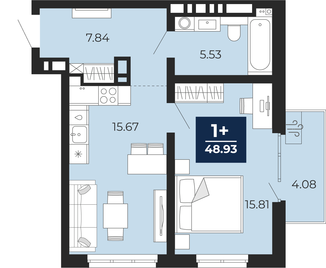 Планировка: Евродвушка 48.9 м² в ЖК Прео, Тюменская слобода