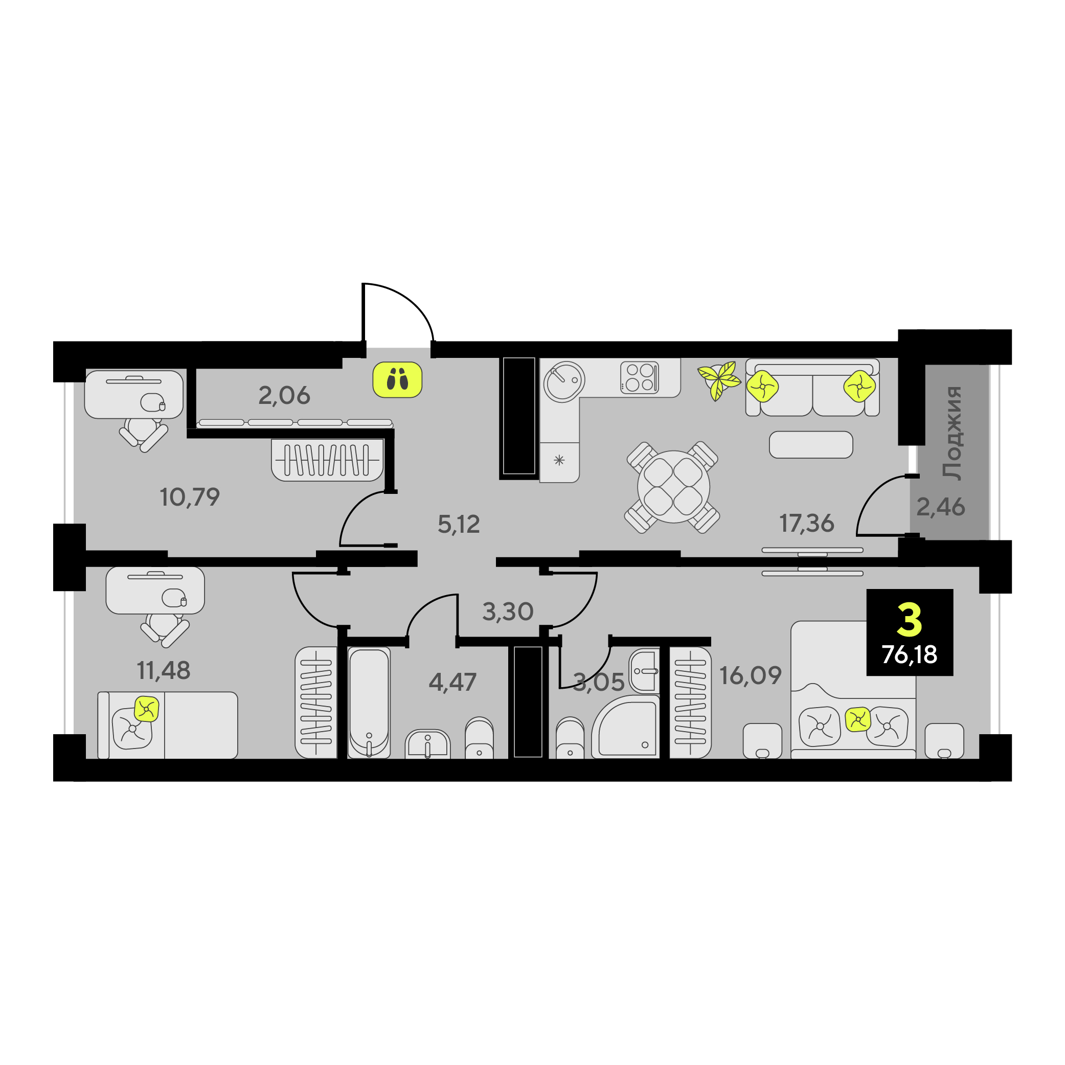 Планировка: 4-комнатная евро 76.2 м² в ЖК Окинава, 5-й Заречный