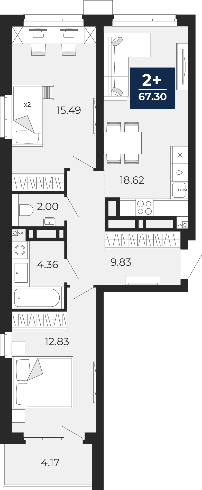 Планировка: Евротрешка 67.3 м² в ЖК Прео, Тюменская слобода