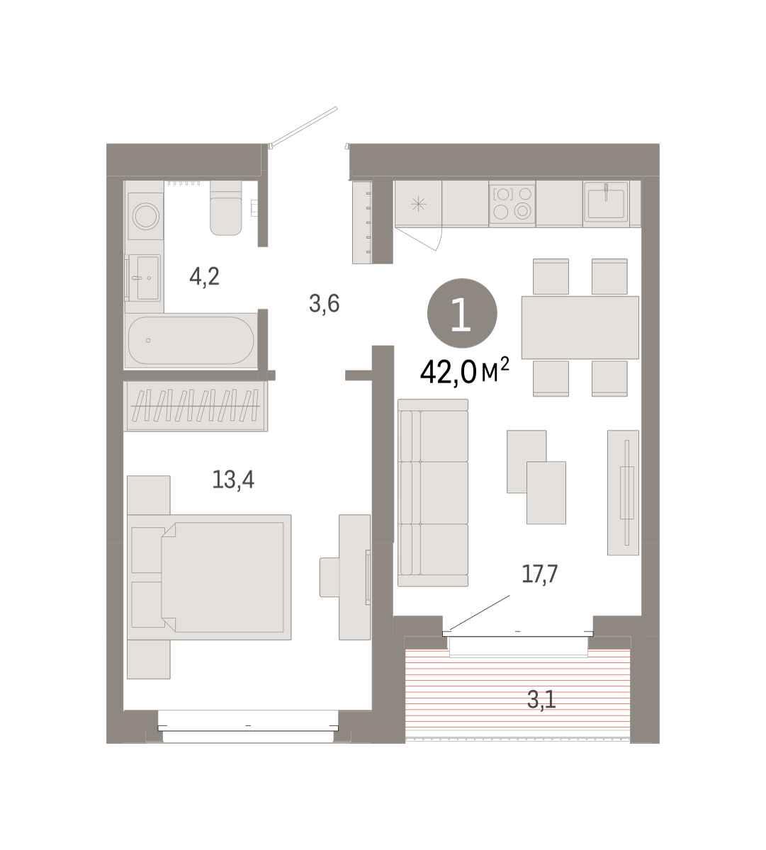 Планировка: Евродвушка 42 м² в ЖК На Минской, Центр: Драмтеатр