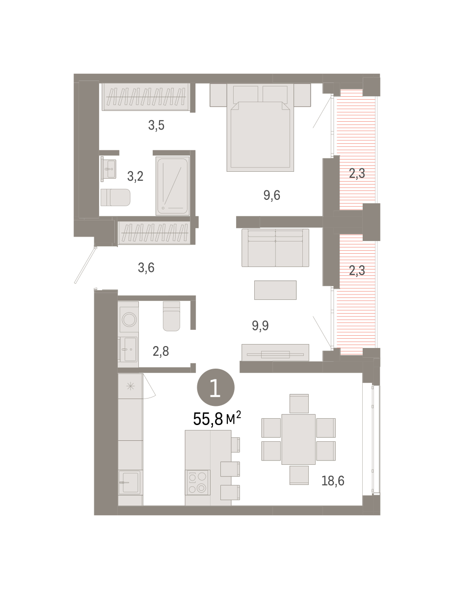 Планировка: Евродвушка 55.8 м² в ЖК Республики 205, Центр: КПД