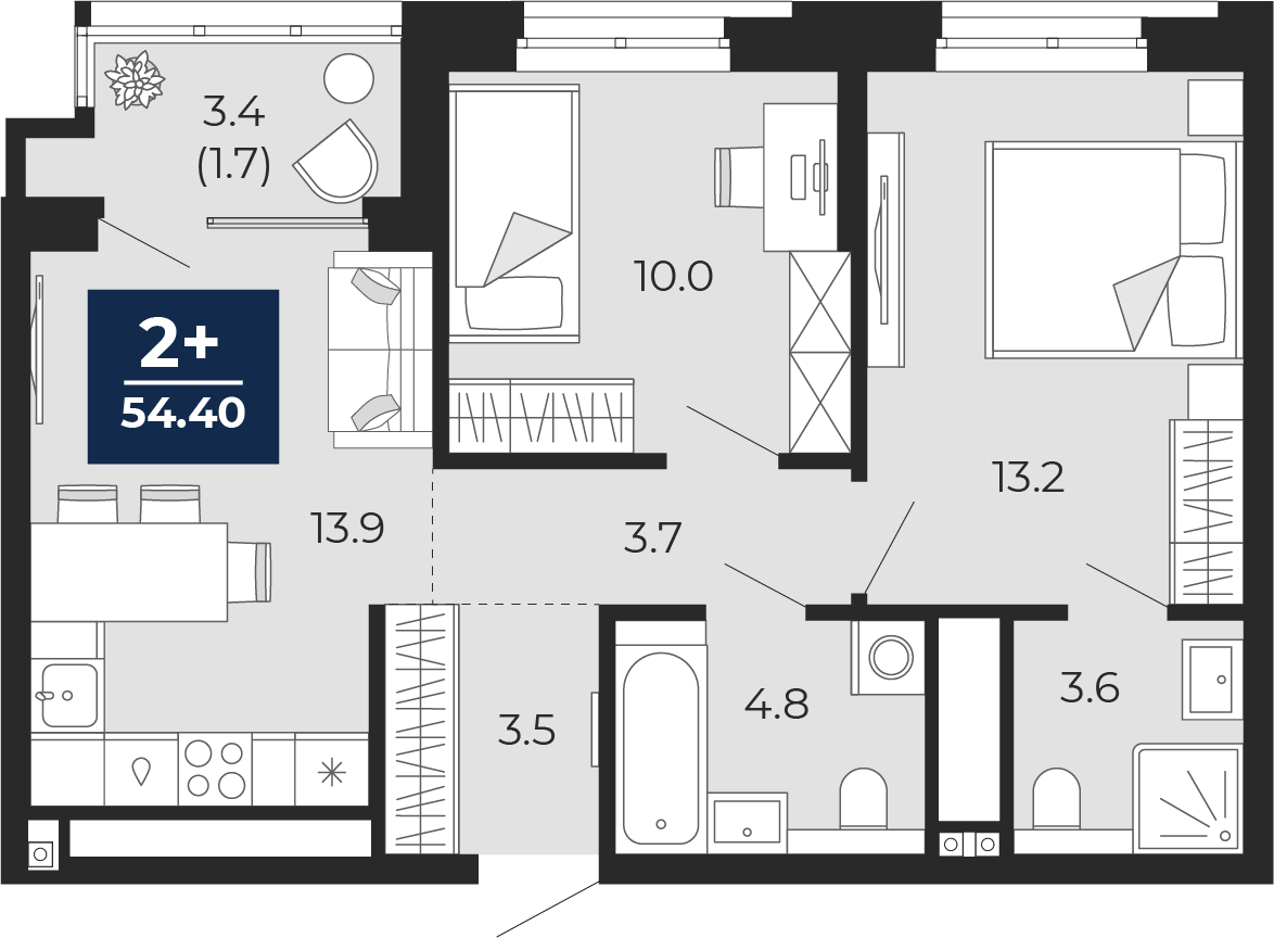 Планировка: Евротрешка 56.1 м² в ЖК Мириады, Мыс