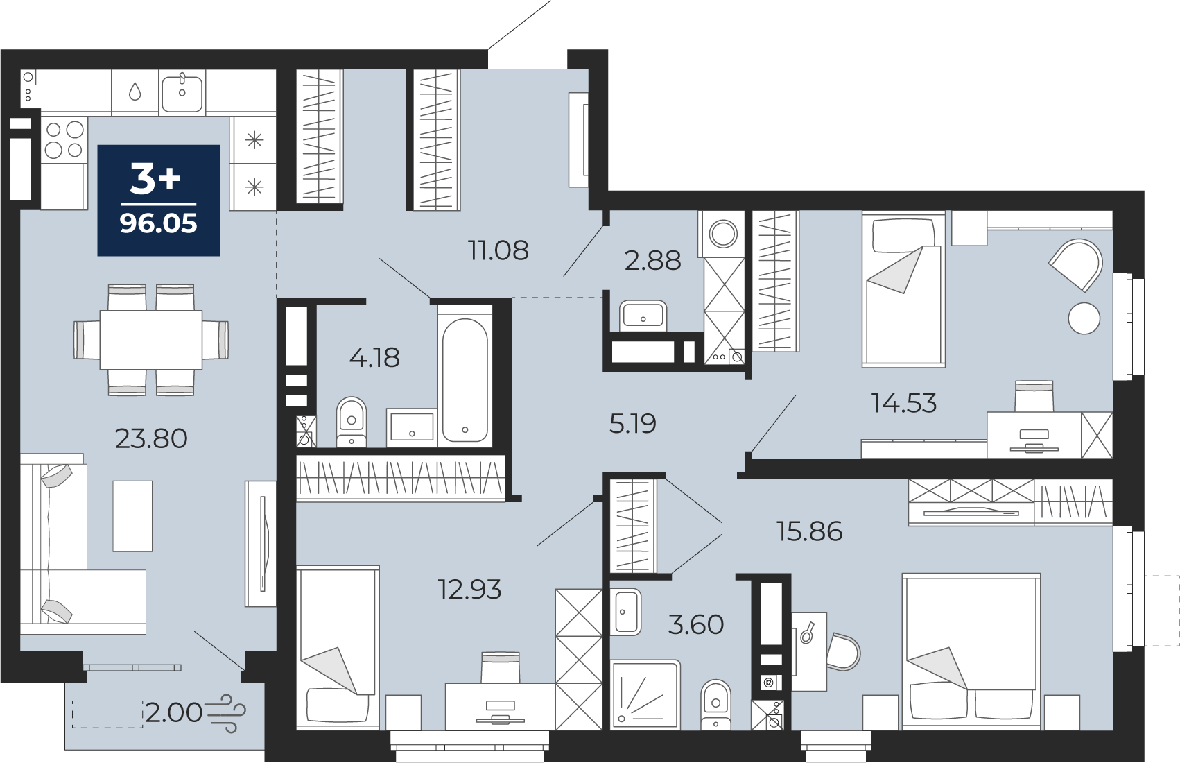 Планировка: 4-комнатная евро 96 м² в ЖК Мириады, Мыс