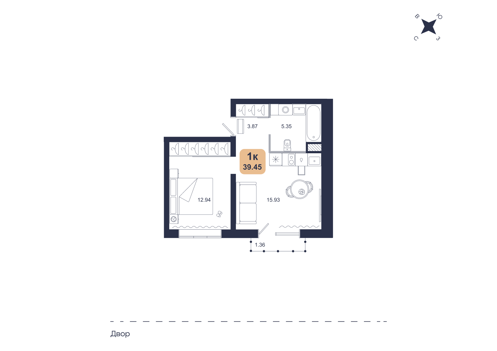 Планировка: 1-комнатная 39.5 м² в ЖК Хито, От Слободы до Комарово парк