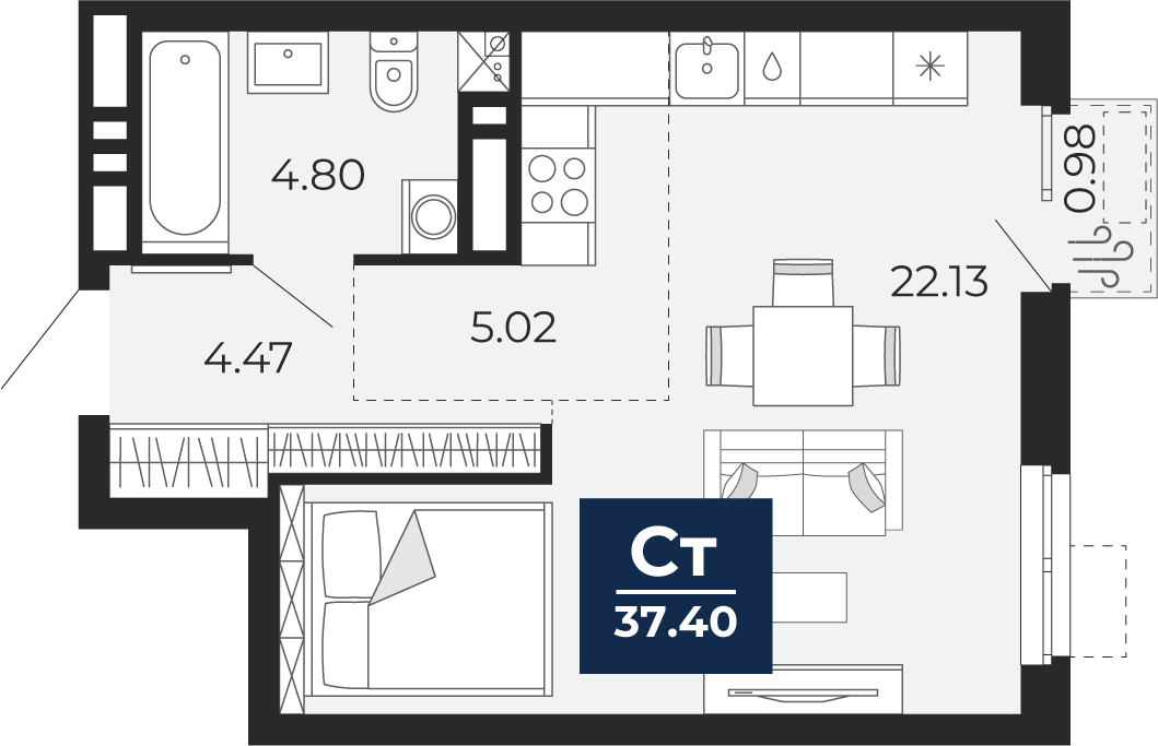 Планировка: Студия 37.4 м² в ЖК Мириады, Мыс