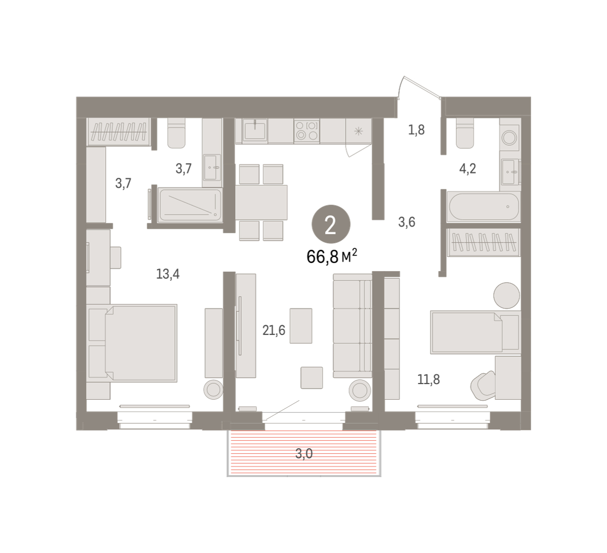 Планировка: Евротрешка 66.8 м² в ЖК На Минской, Центр: Драмтеатр