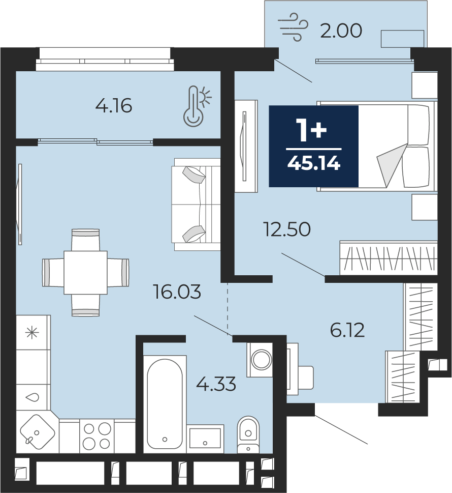 Планировка: Евродвушка 45.1 м² в ЖК Беринг, Лесобаза