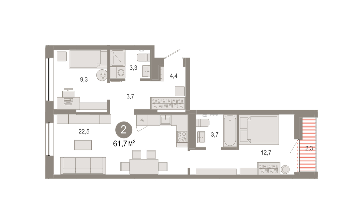 Планировка: 2-комнатная 61.7 м² в ЖК Октябрьский на Туре, ДОК