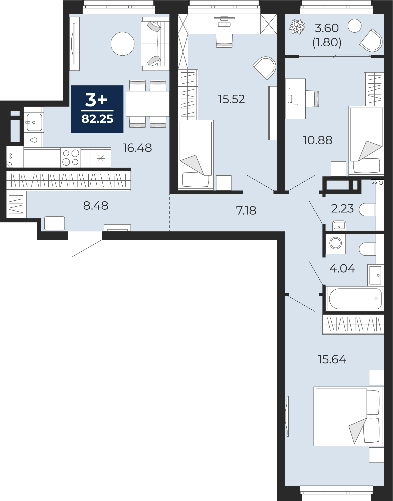 Планировка: 4-комнатная евро 84 м² в ЖК Беринг, Лесобаза