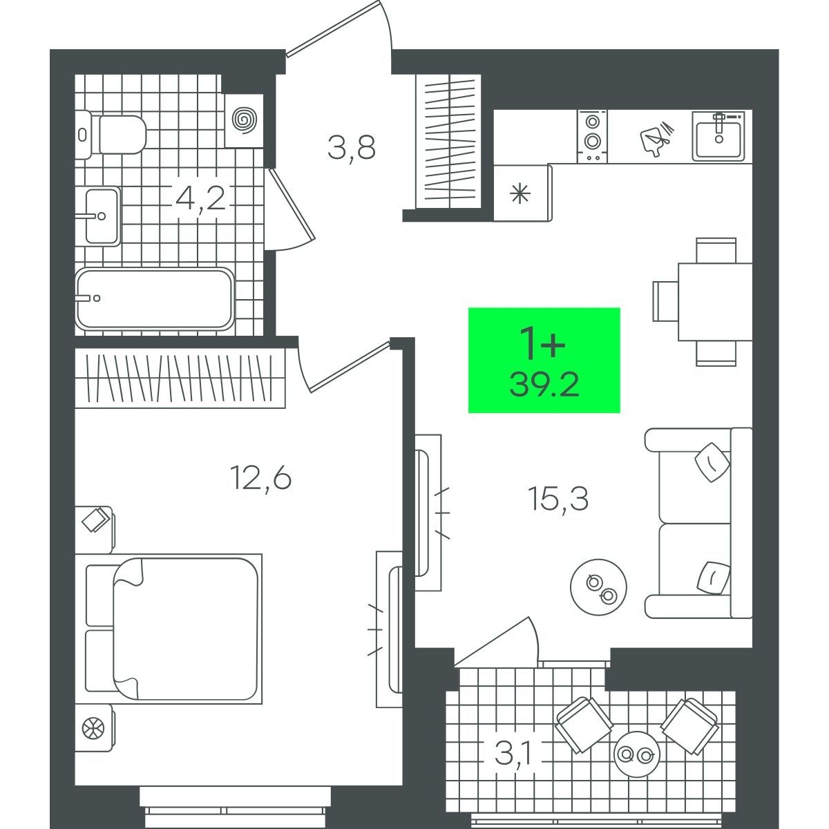 Планировка: 1-комнатная 39.2 м² в ЖК Гранд Квартал, Комарово Парк