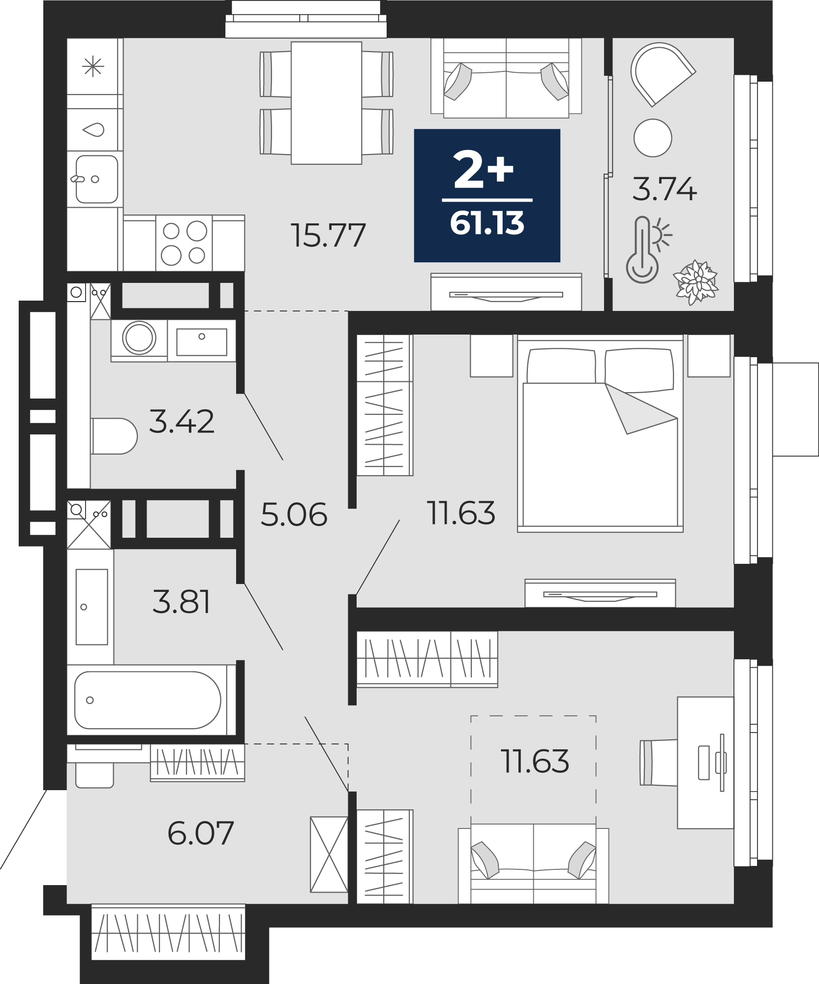 Планировка: Евротрешка 61.1 м² в ЖК Прео, Тюменская слобода