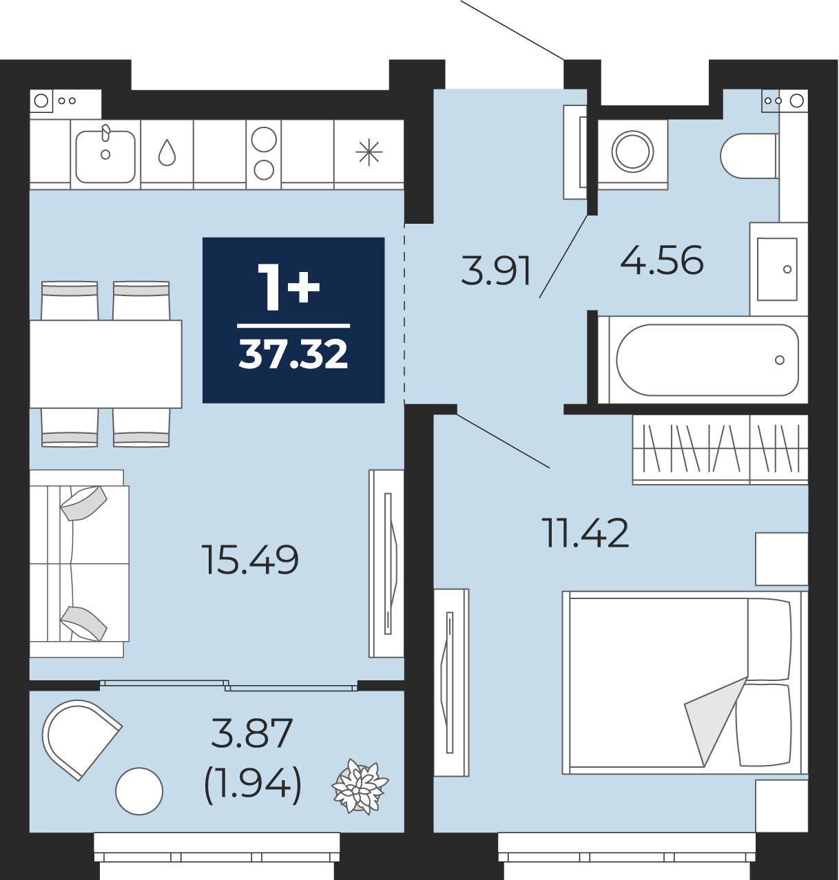 Планировка: Евродвушка 39.2 м² в ЖК Беринг, Лесобаза