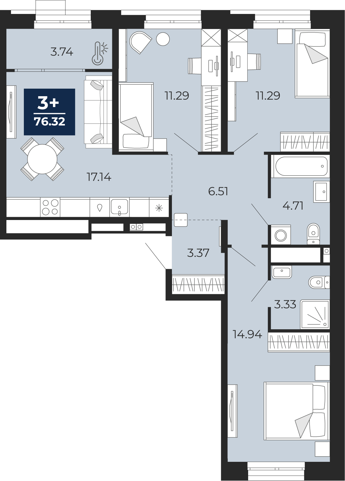 Планировка: 4-комнатная евро 76.3 м² в ЖК Мириады, Мыс