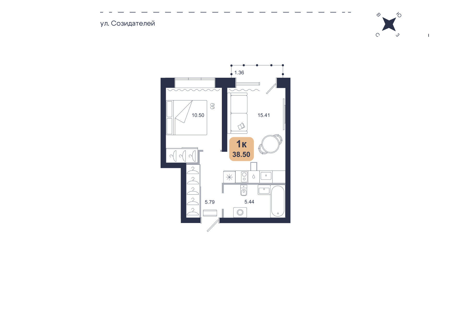 Планировка: Евродвушка 38.5 м² в ЖК Хито, От Слободы до Комарово парк