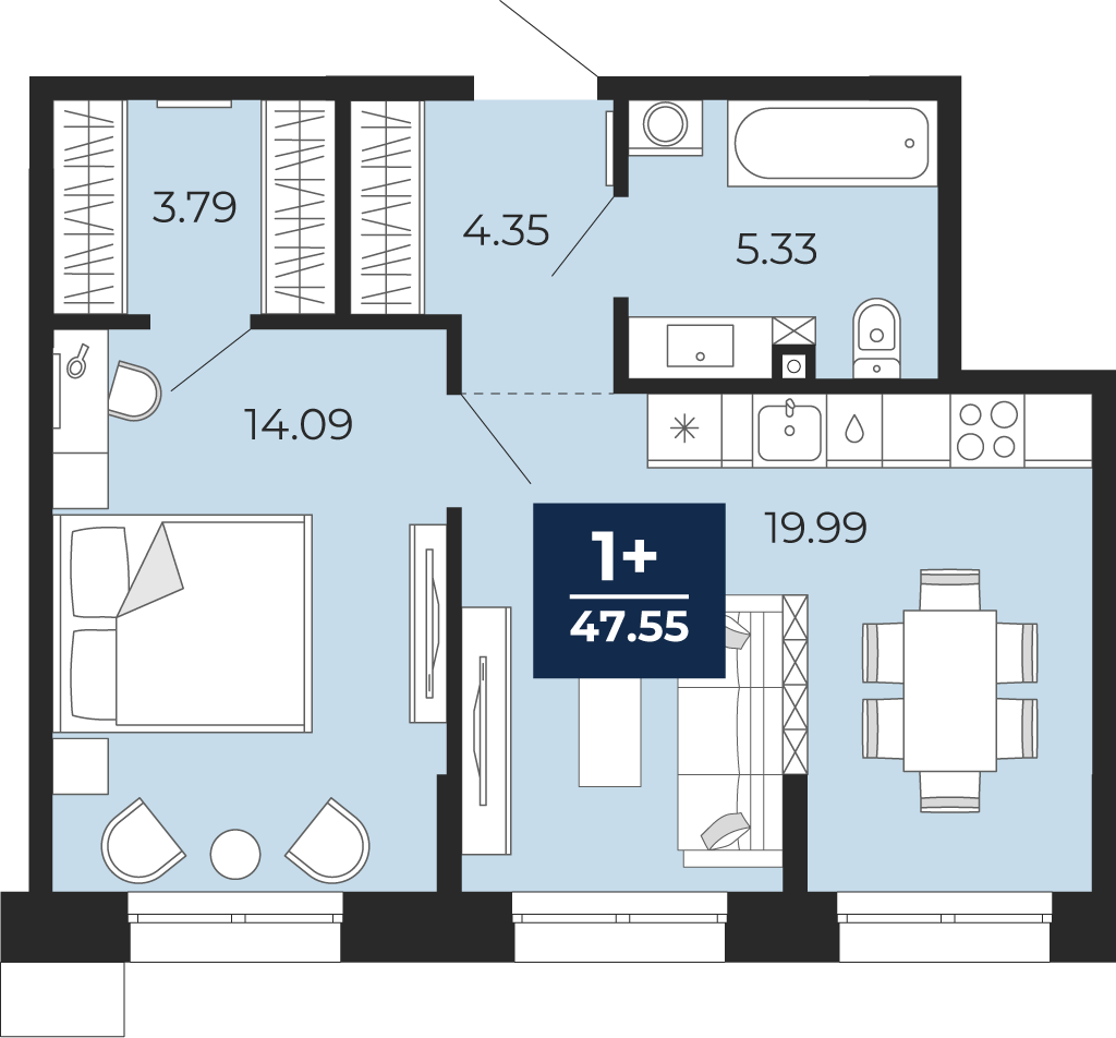 Планировка: Евродвушка 47.5 м² в ЖК Мириады, Мыс