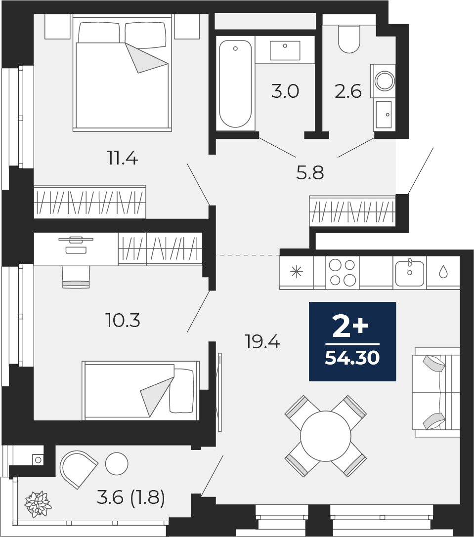 Планировка: Евротрешка 56.1 м² в ЖК Мириады, Мыс
