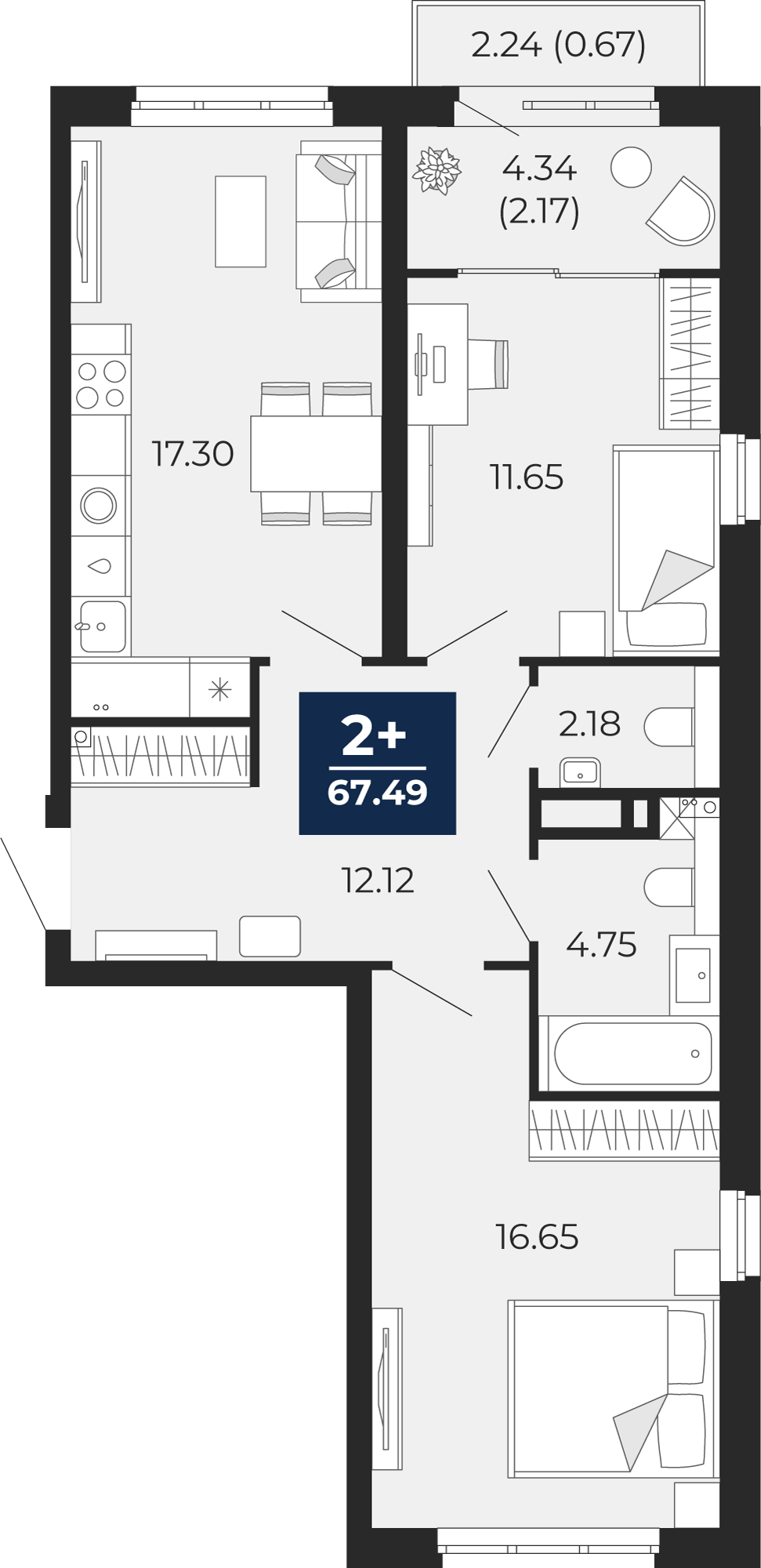 Планировка: Евротрешка 71.2 м² в ЖК Беринг, Лесобаза