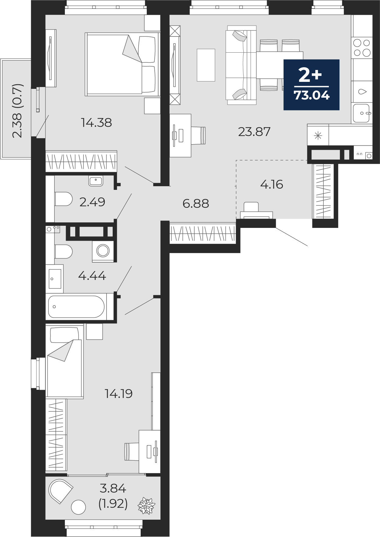 Планировка: Евротрешка 76.6 м² в ЖК Беринг, Лесобаза