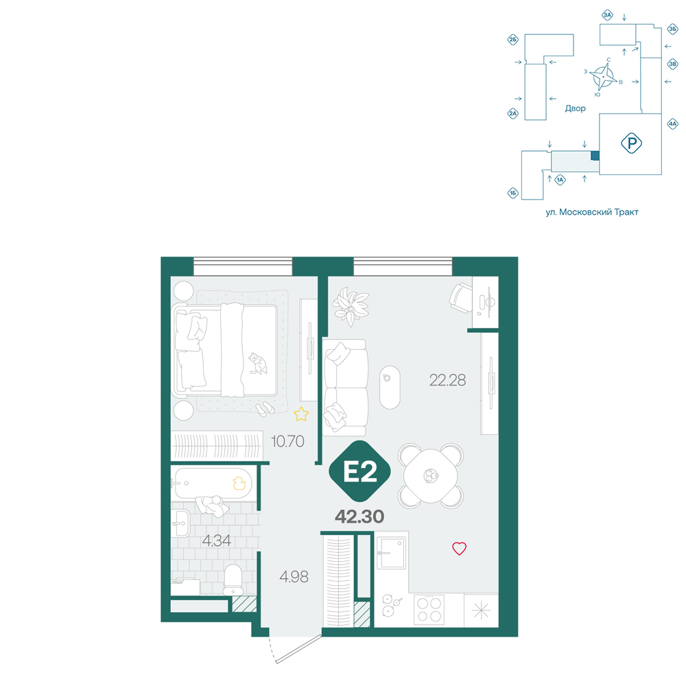Планировка: Евродвушка 42.3 м² в ЖК Сибирский, Московский тракт