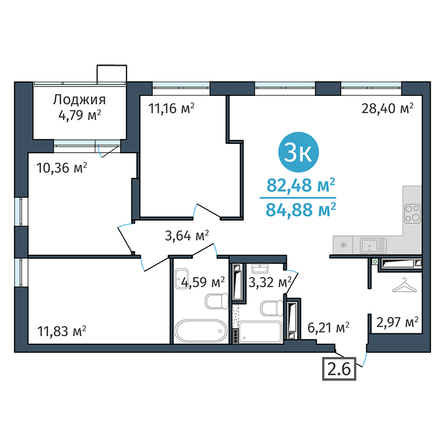 Планировка: 4-комнатная евро 82.5 м² в ЖК DOK, ДОК