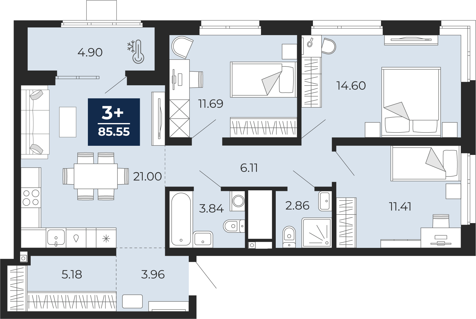 Планировка: 4-комнатная евро 85.5 м² в ЖК Мириады, Мыс