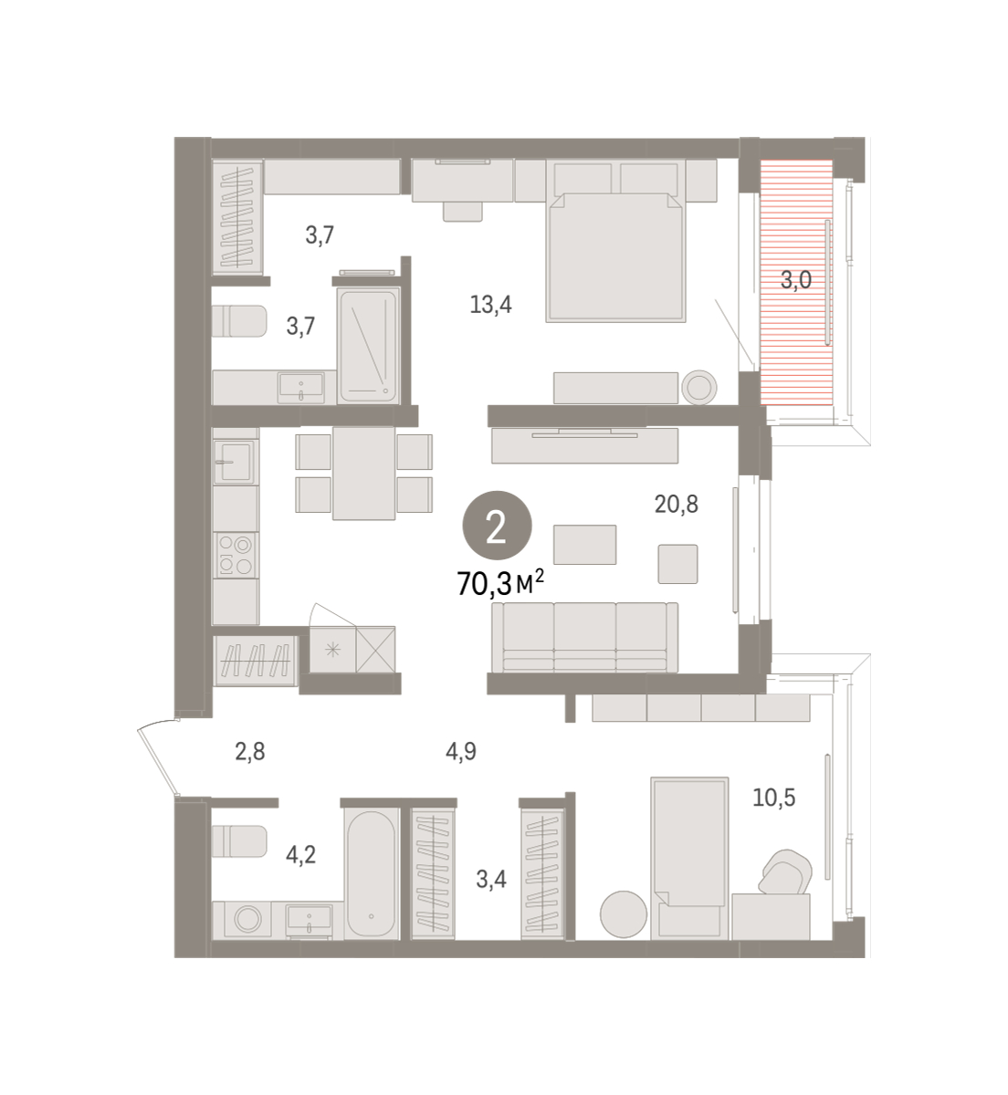 Планировка: 2-комнатная 70.3 м² в ЖК На Минской, Центр: Драмтеатр