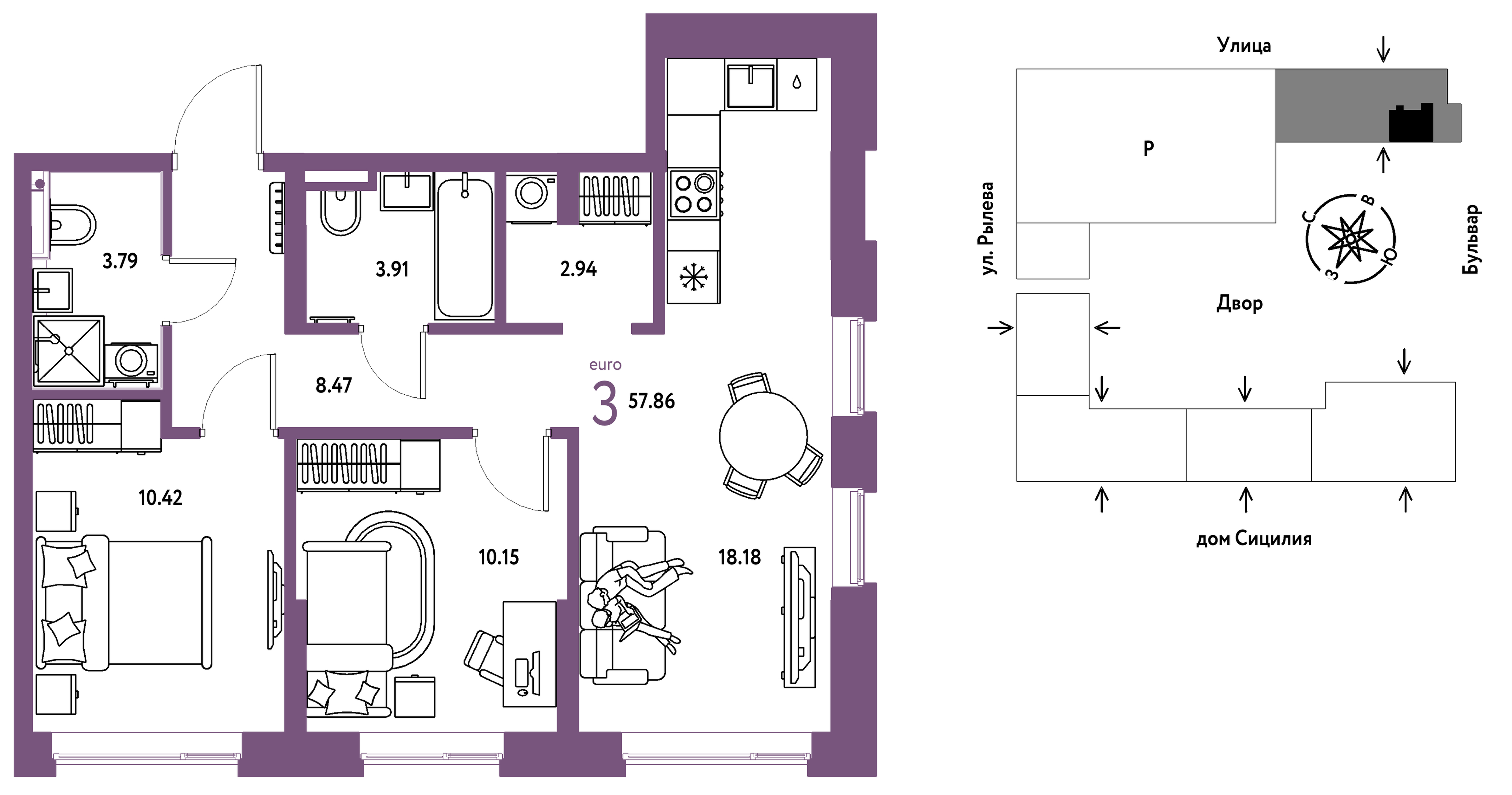 Планировка: 3-комнатная 57.9 м² в ЖК Остров-сад, ДОК