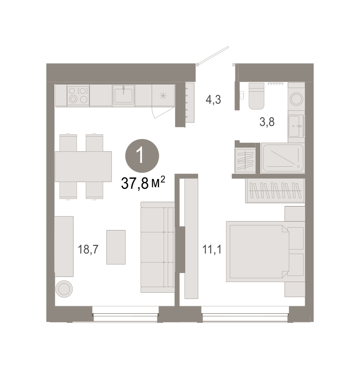 Планировка: 1-комнатная 37.8 м² в ЖК Октябрьский на Туре, ДОК