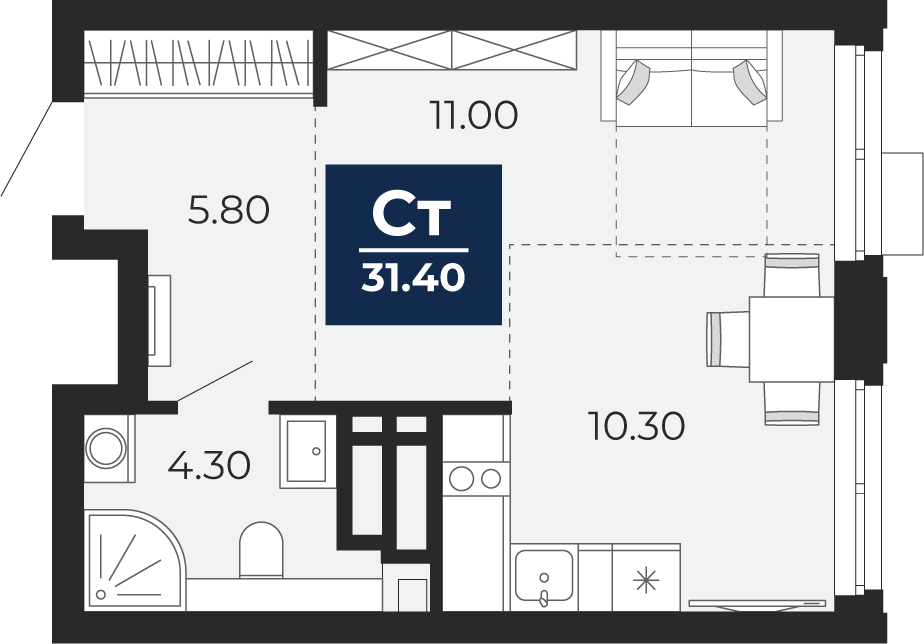 Планировка: Студия 31.4 м² в ЖК Айвазовский, 5-й Заречный
