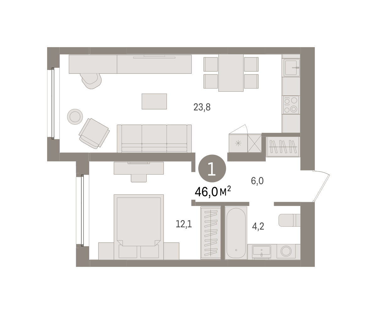 Планировка: 1-комнатная 46 м² в ЖК Зарека, Заречный