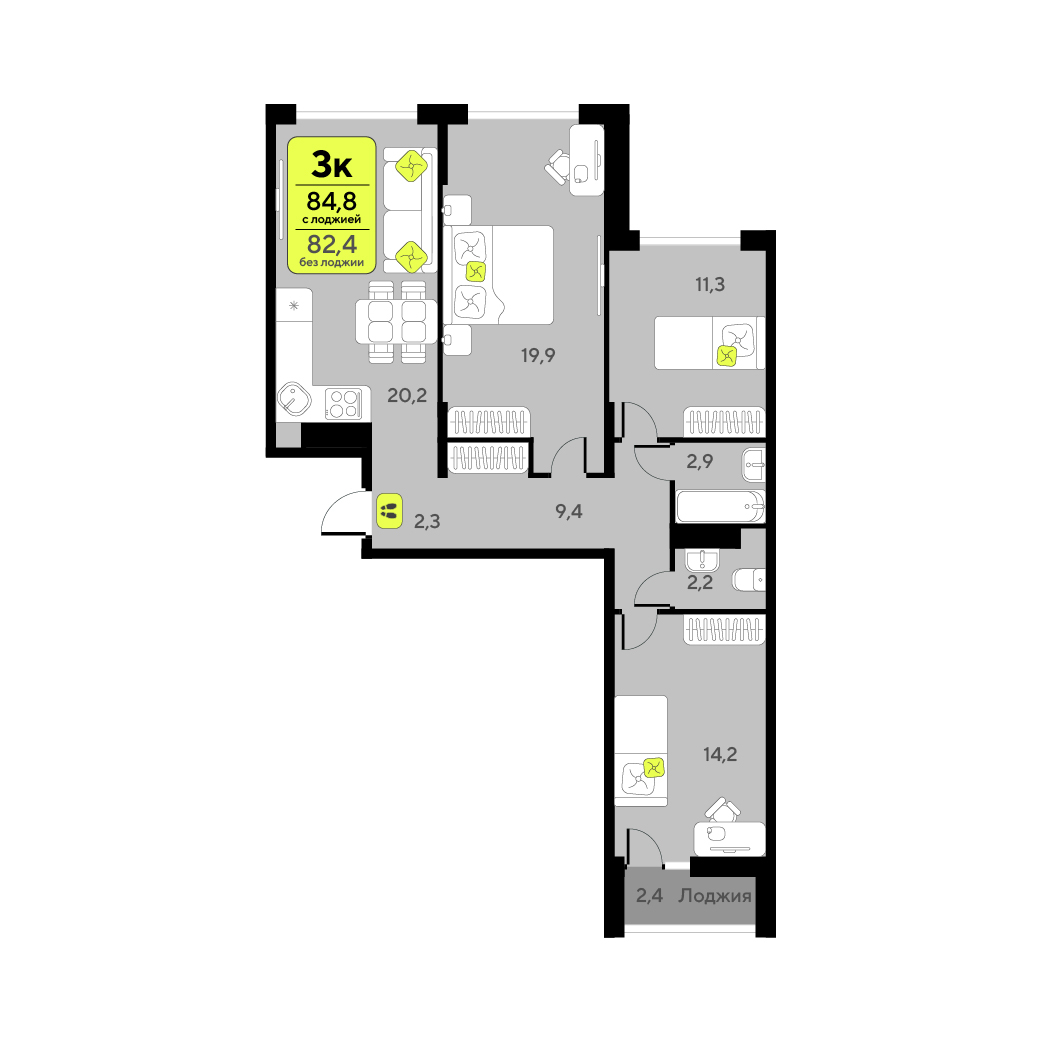 Планировка: 4-комнатная евро 82.4 м² в ЖК Дивный квартал у озера, 5-й Заречный