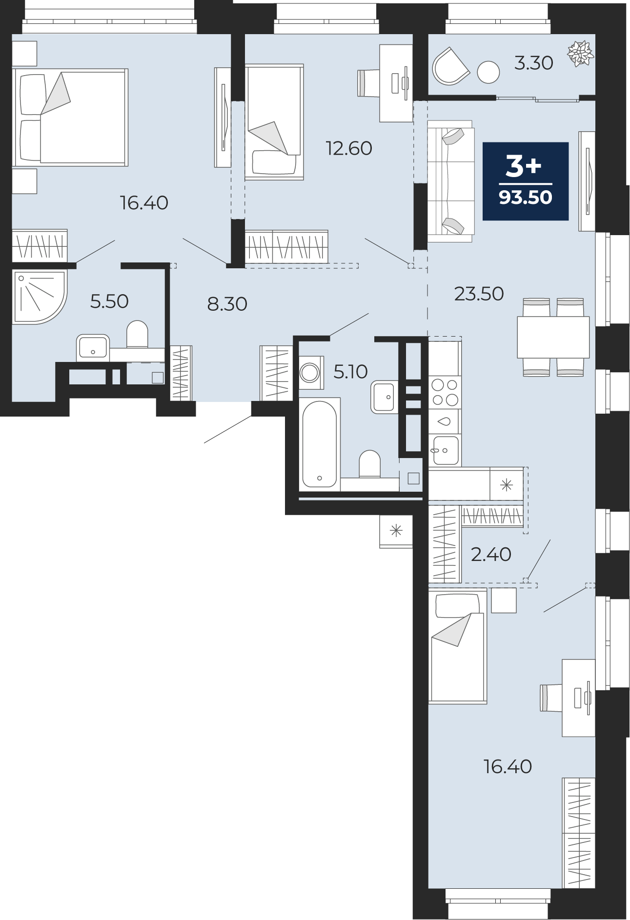 Планировка: 4-комнатная евро 93.5 м² в ЖК Айвазовский, 5-й Заречный