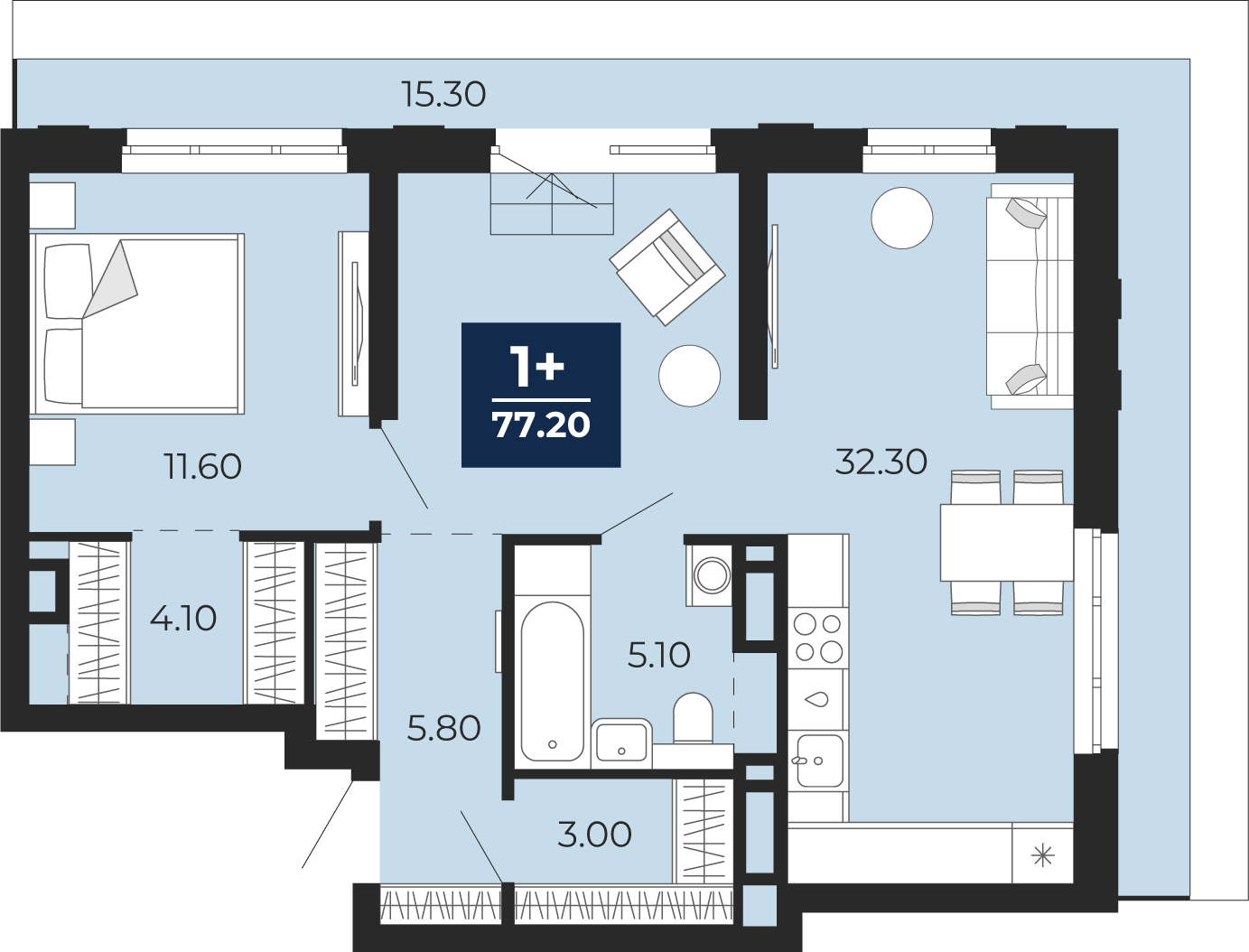 Планировка: 1-комнатная 77.2 м² в ЖК Айвазовский, 5-й Заречный