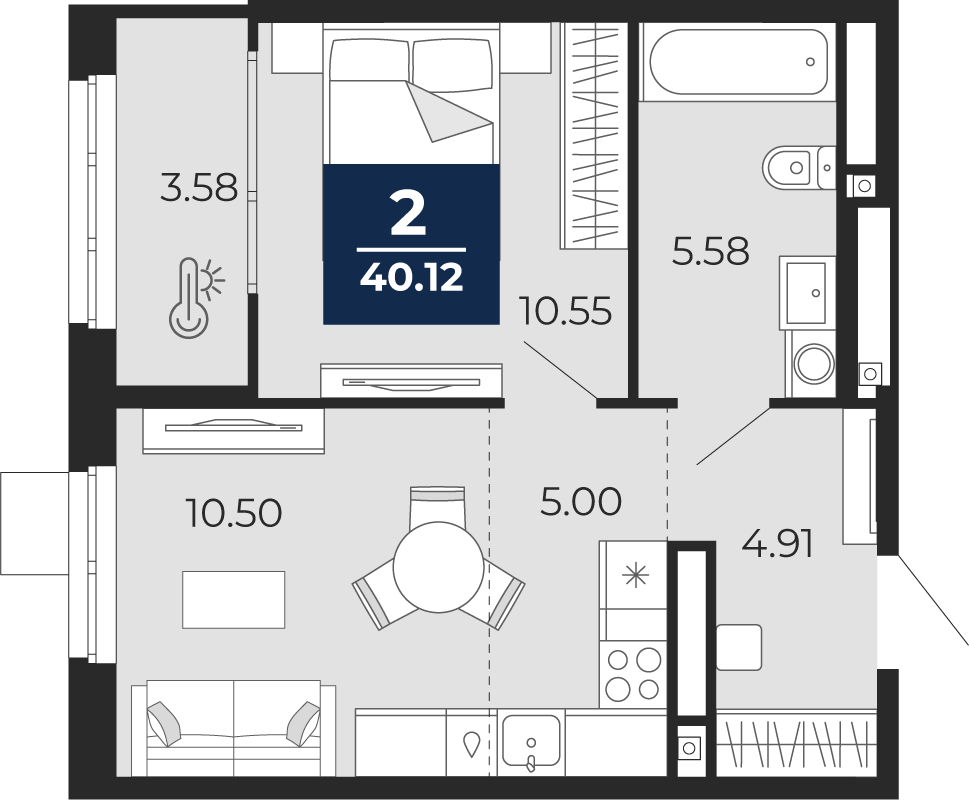 Планировка: Евродвушка 40.1 м² в ЖК Мириады, Мыс