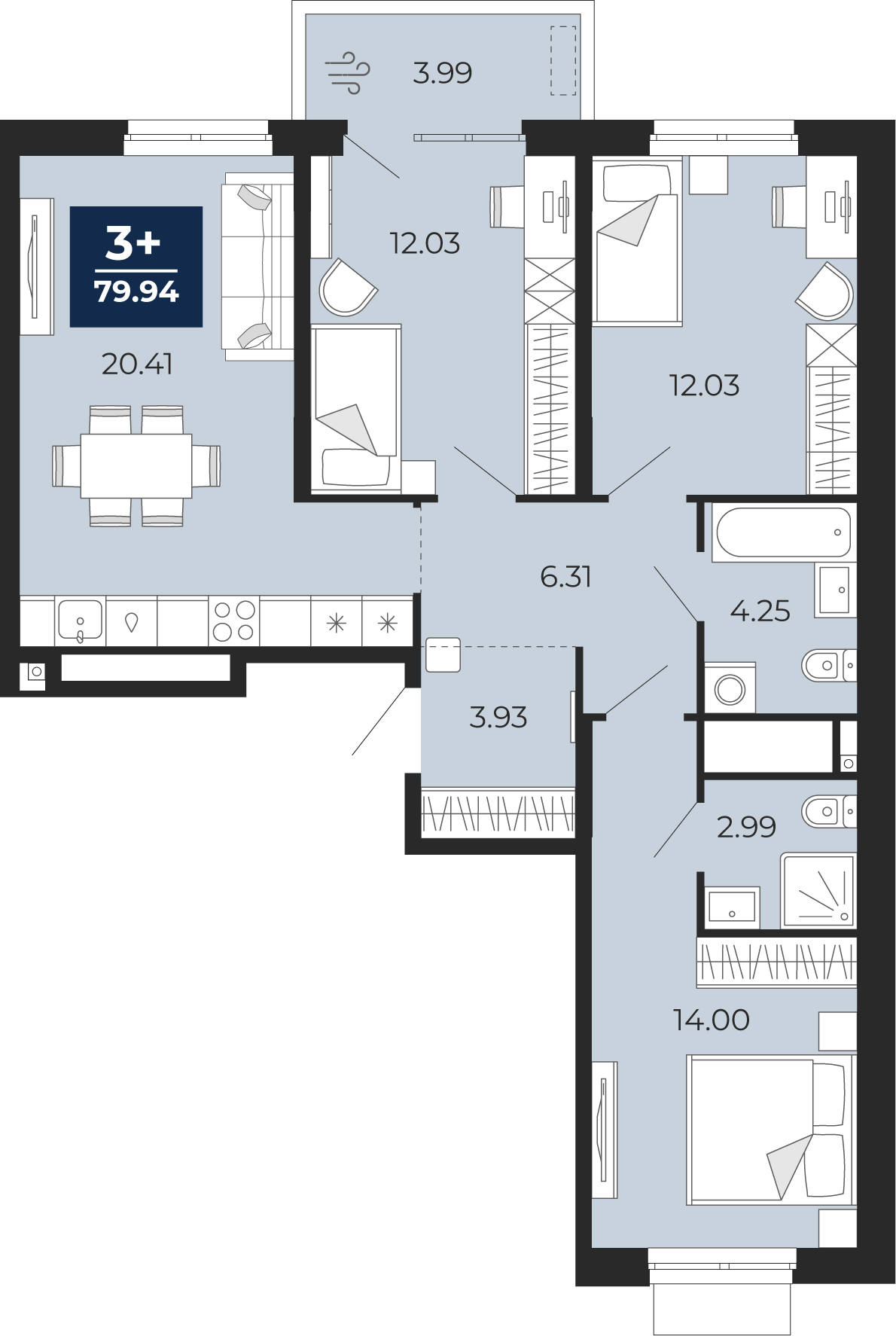 Планировка: 4-комнатная евро 79.9 м² в ЖК Мириады, Мыс
