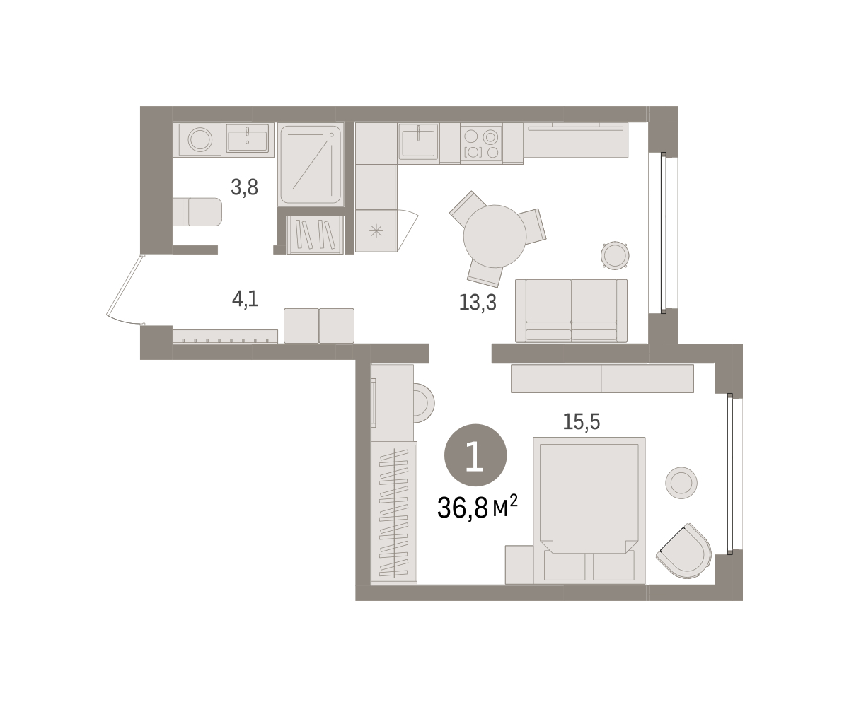Планировка: Евродвушка 36.8 м² в ЖК Зарека, Заречный