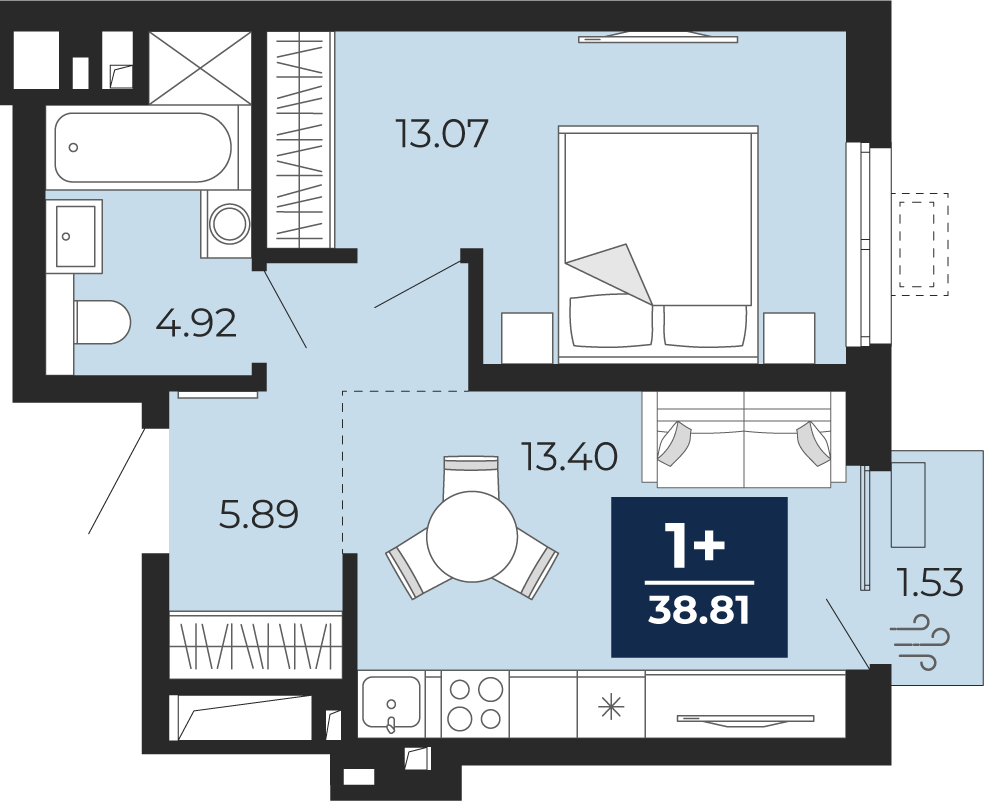 Планировка: Евродвушка 38.8 м² в ЖК Беринг, Лесобаза
