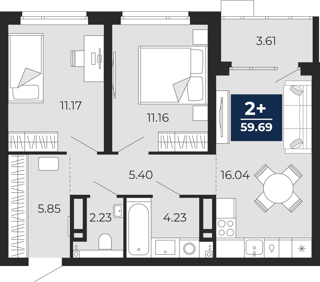Планировка: Евротрешка 59.7 м² в ЖК Прео, Тюменская слобода