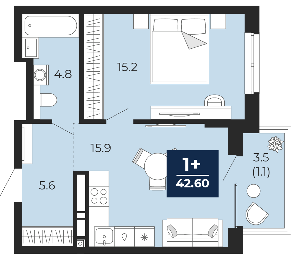 Планировка: Евродвушка 45 м² в ЖК Мириады, Мыс
