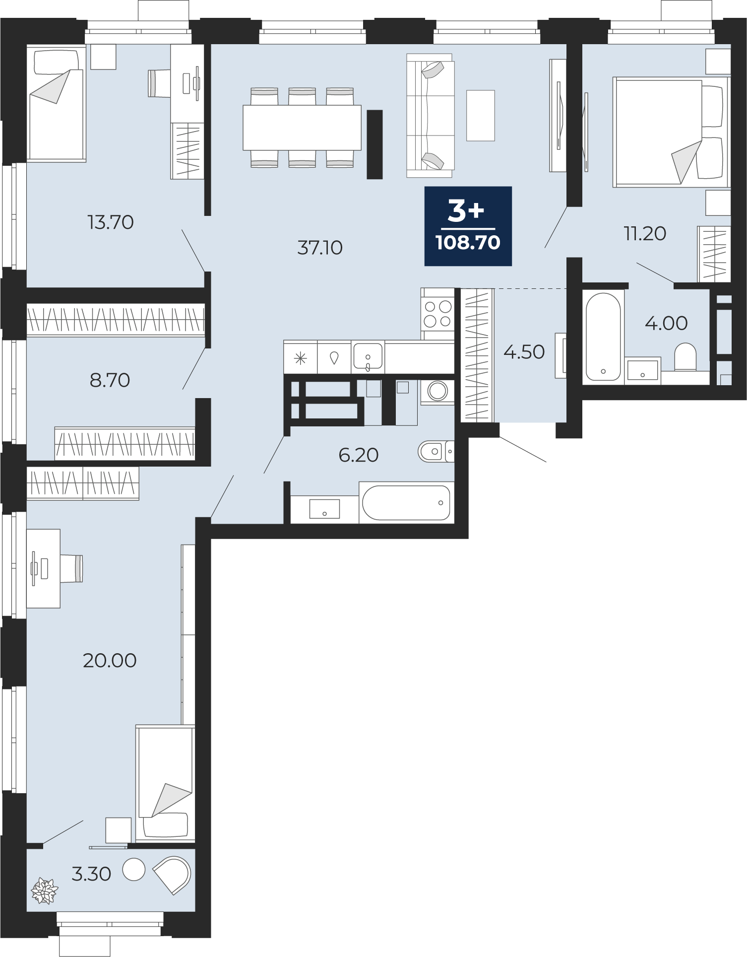 Планировка: 4-комнатная евро 108.7 м² в ЖК Айвазовский, 5-й Заречный