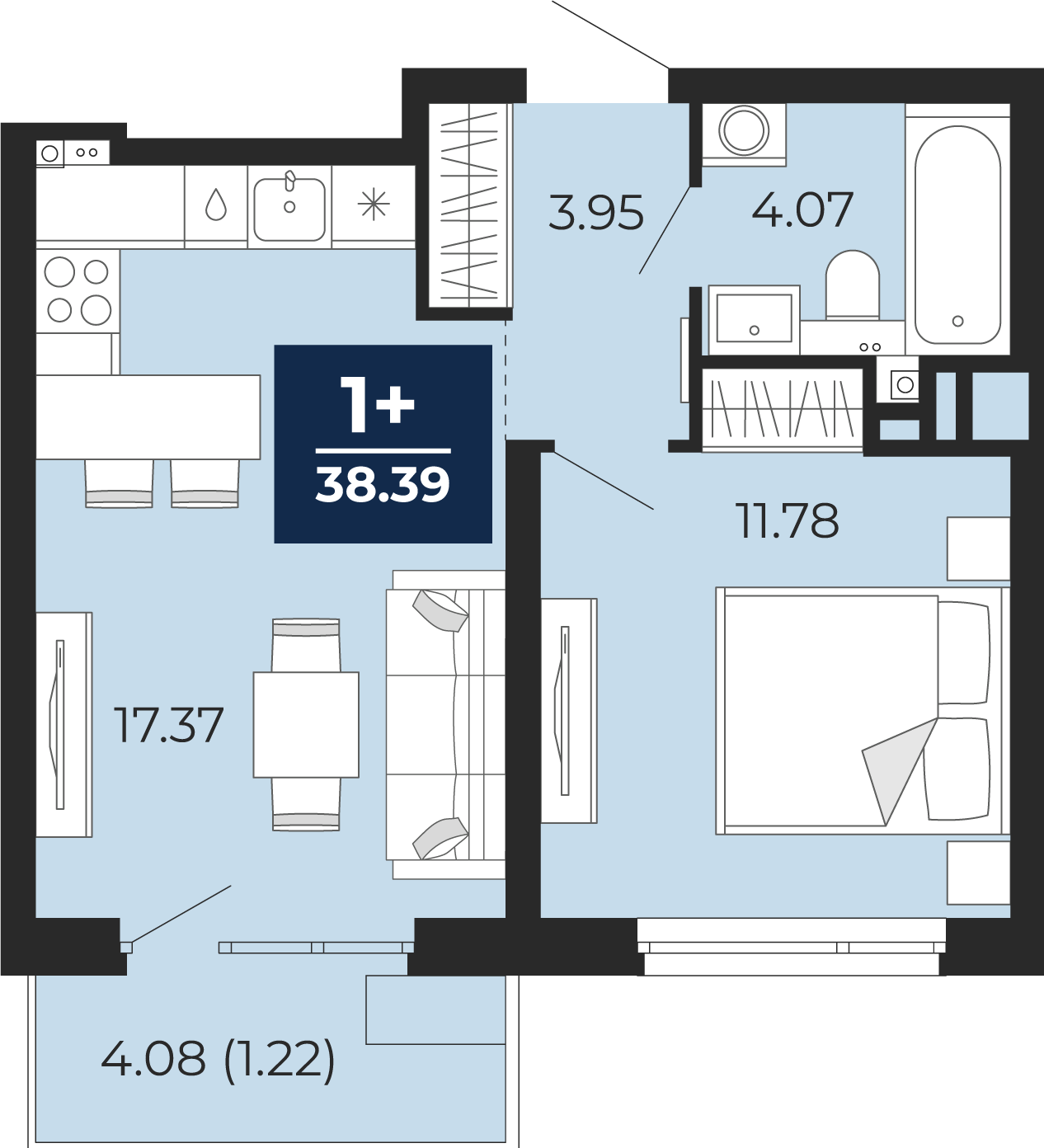 Планировка: Евродвушка 41.2 м² в ЖК Прео, Тюменская слобода