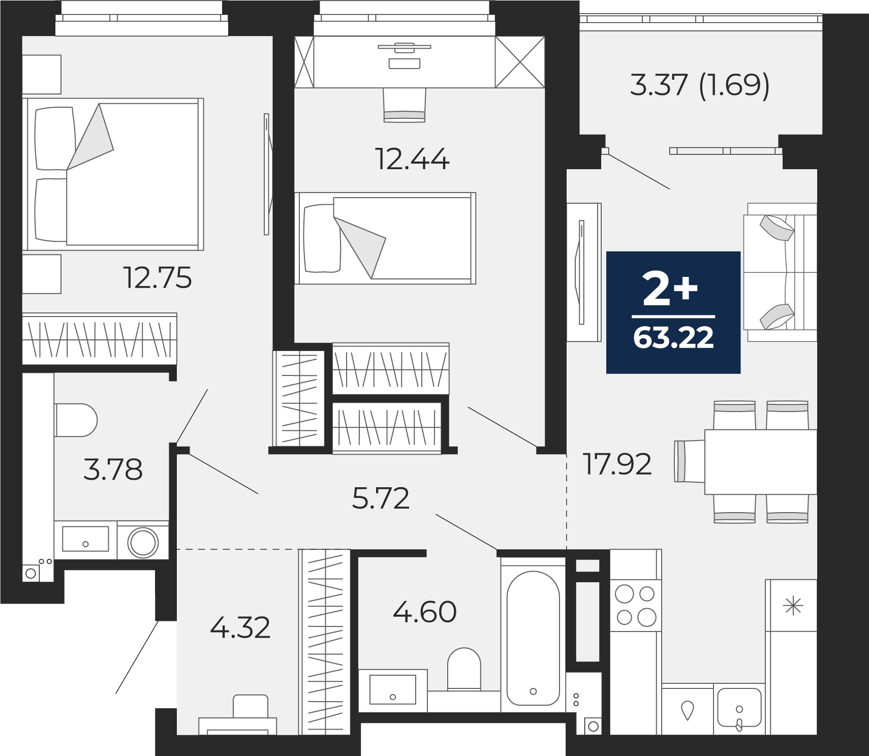 Планировка: Евротрешка 64.9 м² в ЖК Прео, Тюменская слобода