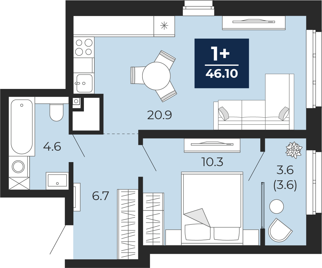 Планировка: Евродвушка 46.1 м² в ЖК Мириады, Мыс